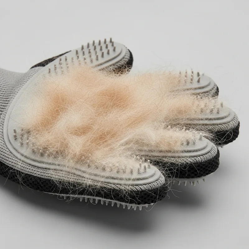 Gant anti-poil couvert de poils retirés après le brossage d'un animal